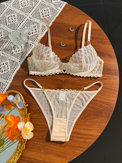 Women's Beige Lace Mesh Bra & Panty Set