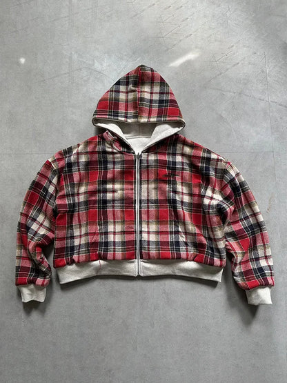 Winter Casual Plaid Print Hoodie Women's Warm Zip-Up Double-Sided Wear Sweatshirt Female Fashion Trendy Loose Hooded