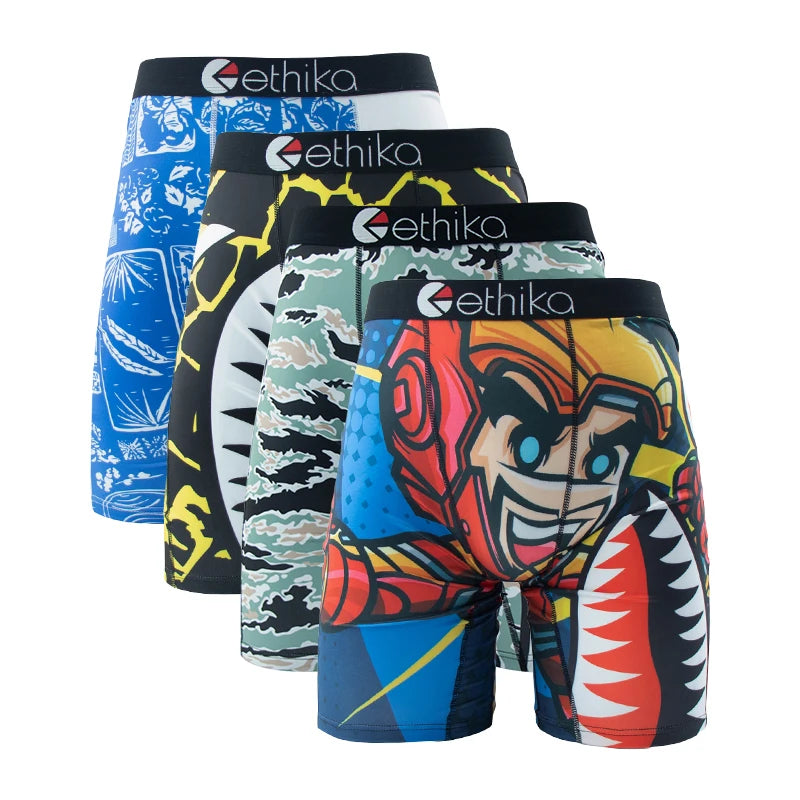 ETHIKA 4Pcs Men Underwear Boxers Breathable Swimming Man Underpants Plus Size Print Mens Panties Trunks Sexy Men's Boxer Briefs