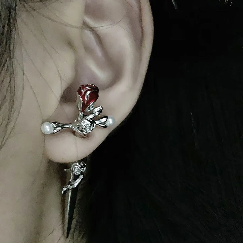 Gothic Red Rose Flower Cross Piercing Earrings Harajuku Kpop Dark Thorn Rose Stud Earring Grunge Girl Cross Sword Jewelry Party
