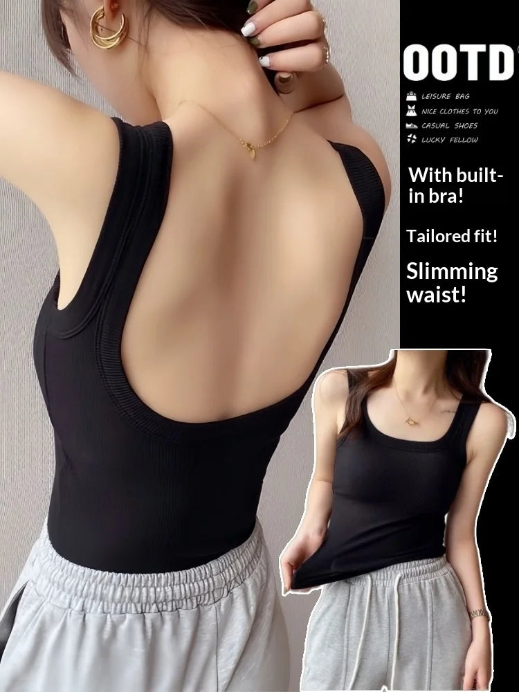 Sexy Backless Square Neck Camisole with Chest Cushion, Women's Hot Selling Outerwear Base, Slim Fit, Strapless Solid Color Top