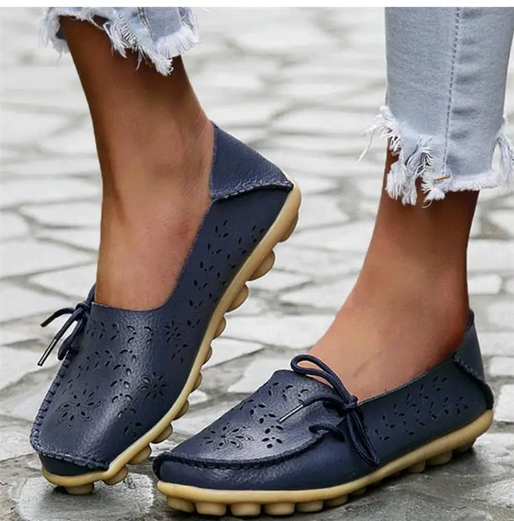 Women's Leather Ballet Flats — Hollow Slip-On Ballerina Shoes
