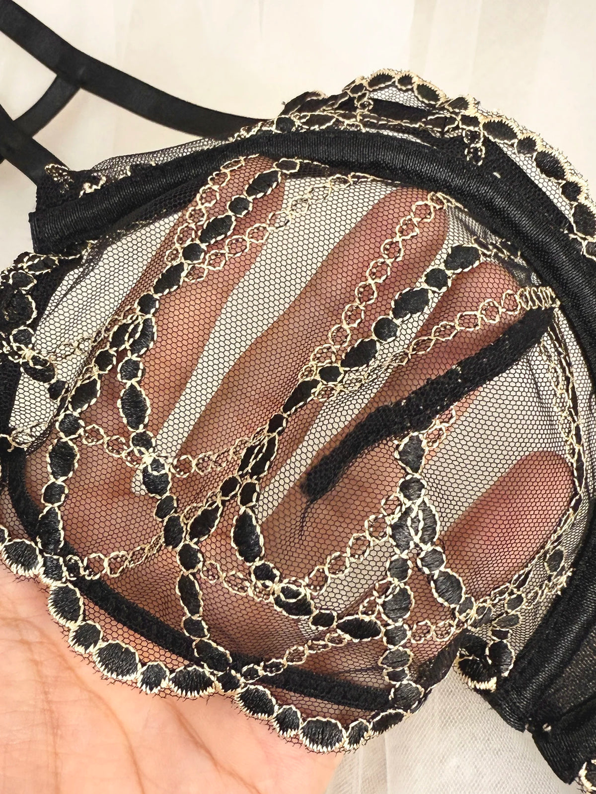 Women's Black Lace Gold-Chain Bra & G-String Set