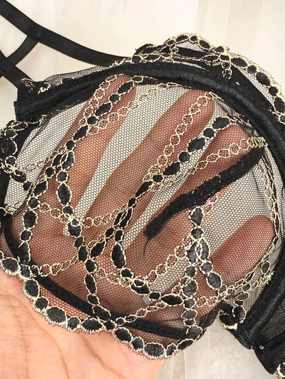 Women's Black Lace Gold-Chain Bra & G-String Set