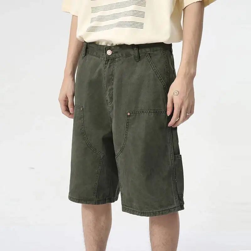 IEFB Men's Wear Knee Length Denim Shorts Summer New Multi Pocket Loose Jeans Solid Color Japanese Style Male Overalls 9C6027