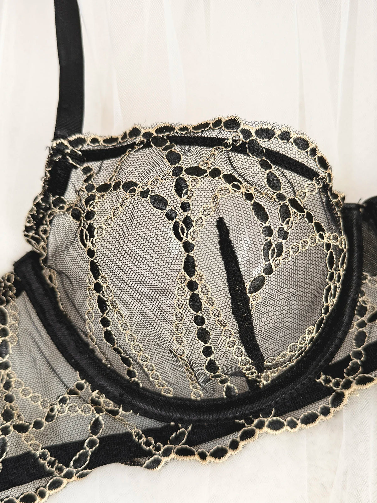 Women's Black Lace Gold-Chain Bra & G-String Set