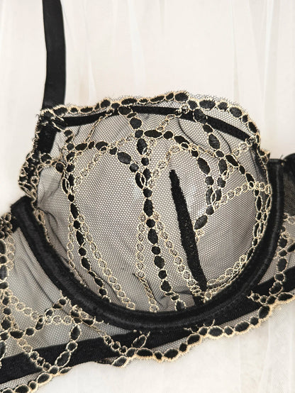 Women's Black Lace Gold-Chain Bra & G-String Set
