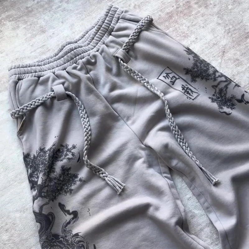 Y2K Retro Sweatpants Dragon Elm Bonsai Grunge Wash Braided Rope Belt Pants Grey Trend Chinese Streetwear Unisex Baggy Trousers