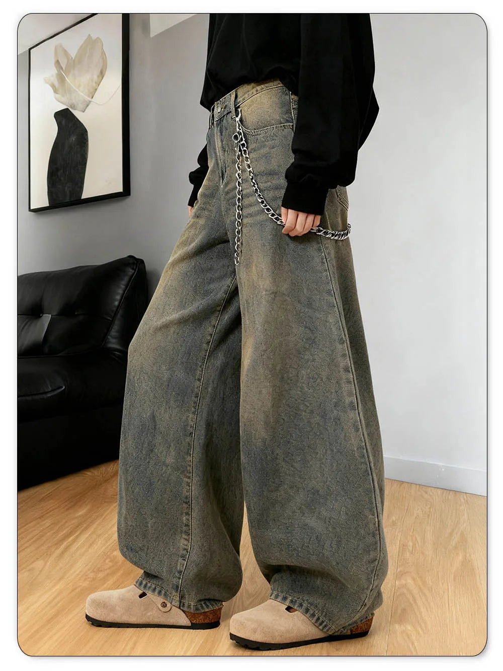LIYS American Retro Baggy Wide Leg Jeans Men's Streetwear Distressed Y2K Clothing Casual Daily Four Seasons Denim Pants Unisex
