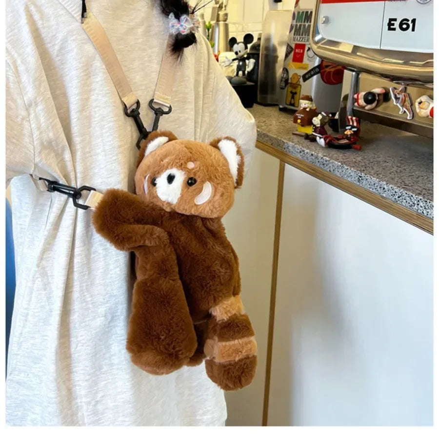 Red Panda Plush Backpack Cute Plushie Doll Women Crossbody Fur Soft Shoulder Bag for Camping Travel Party Female Birthday Gift