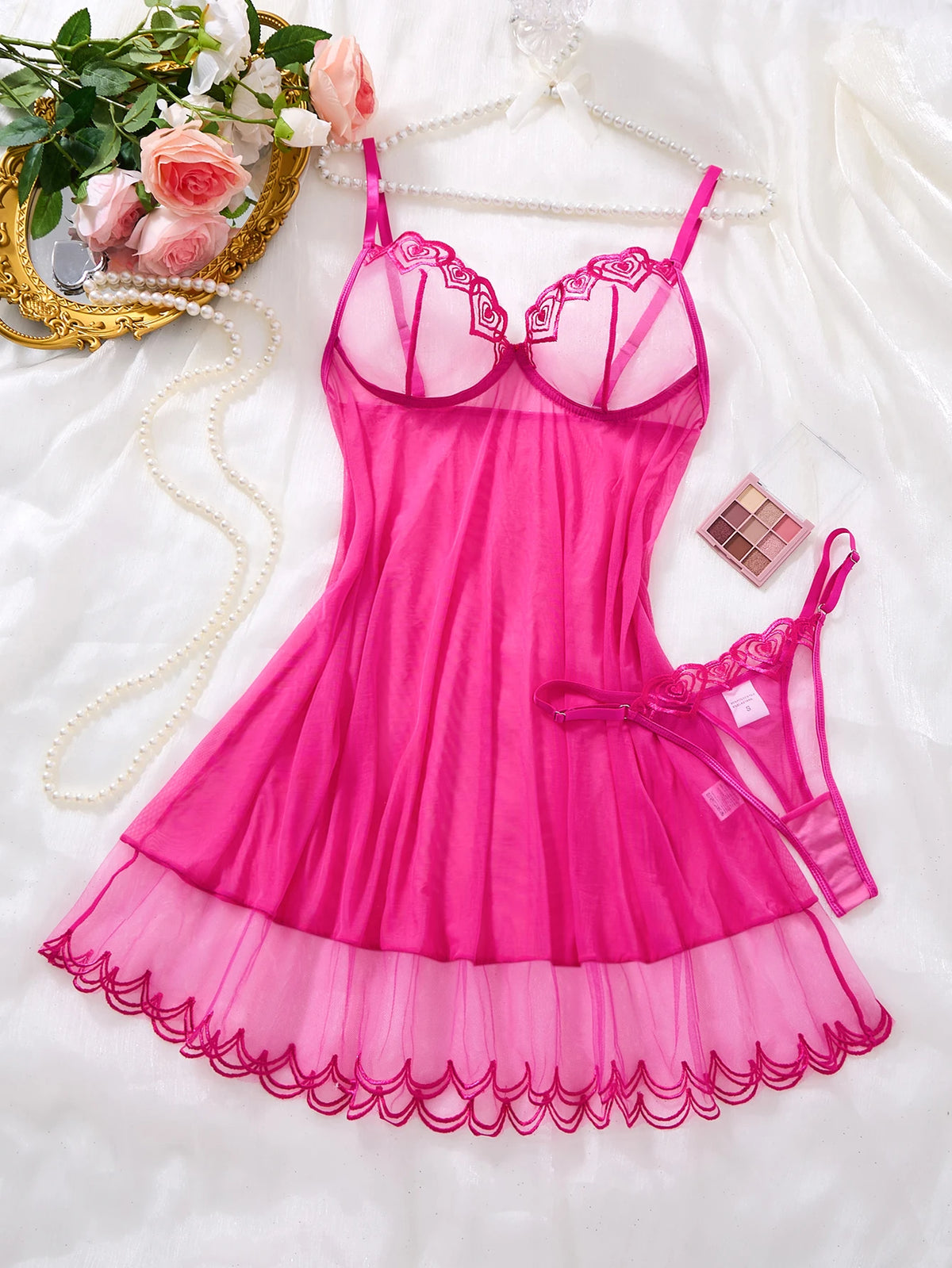 Pink Embroidered Halter Nightgown Set