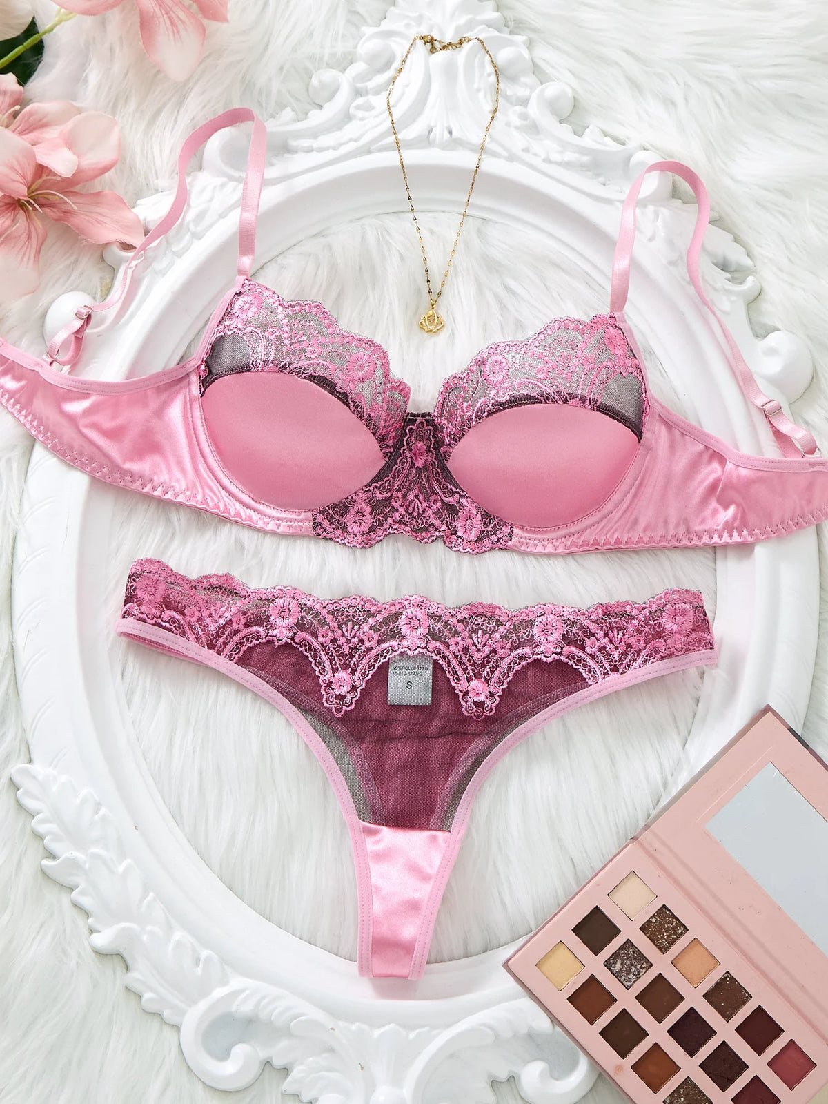 Pink Lace Balconette Bra & Thong Set