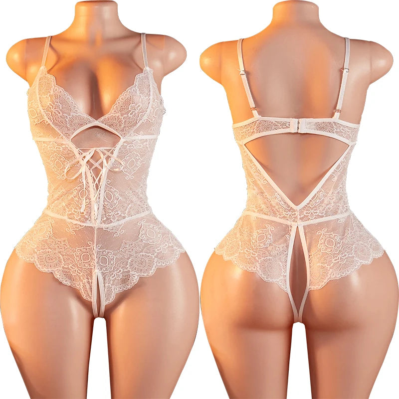 Porno Underwear For Women Lace Transparent Bra Set Erotic Costumes Deep V Neck Bra Open Crotch Babydoll Dress Sexy Lingerie Set