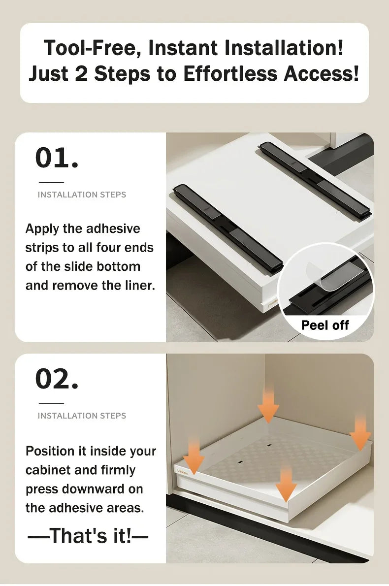 No-Drill Magic Tray Heavy-duty slide-out organizer for cabinets/sinks. Easy install, huge space saver! Perfect for tiny homes