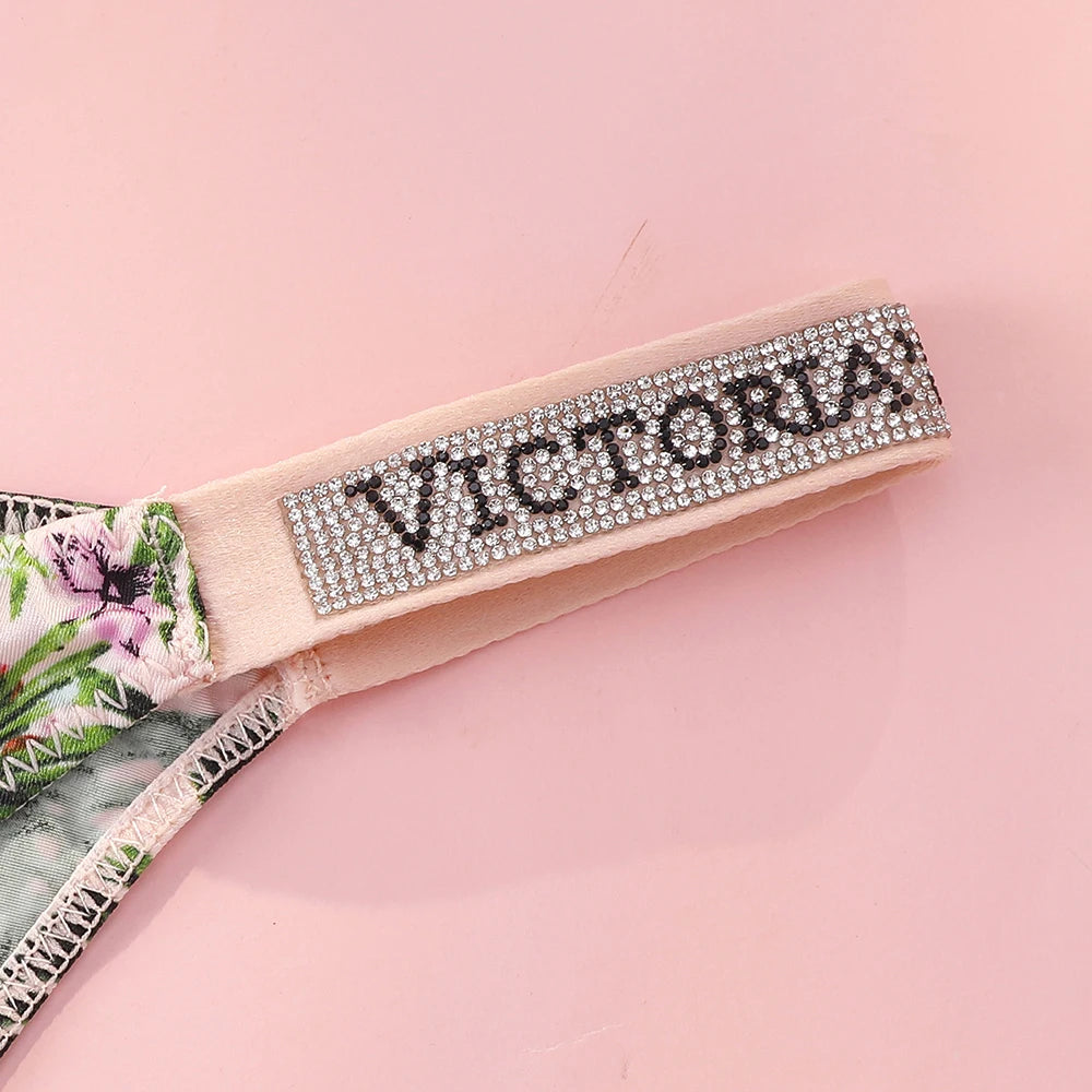 Victoria Secret Hot Sexy Lingerie Set Very Sexy Logo Shine Strap Tropical Floral Push Up Bra Shine Script Thong Panty