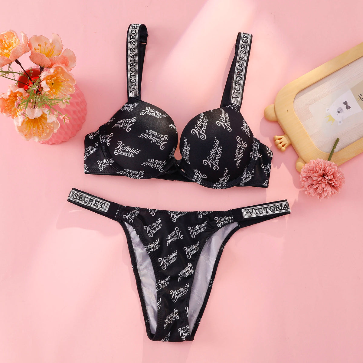 Victoria s Secret Rhinestone Logo Shoulder Straps Lace Underwear Sexy Lingerie Set Push Up Bra And Panties Set For Women