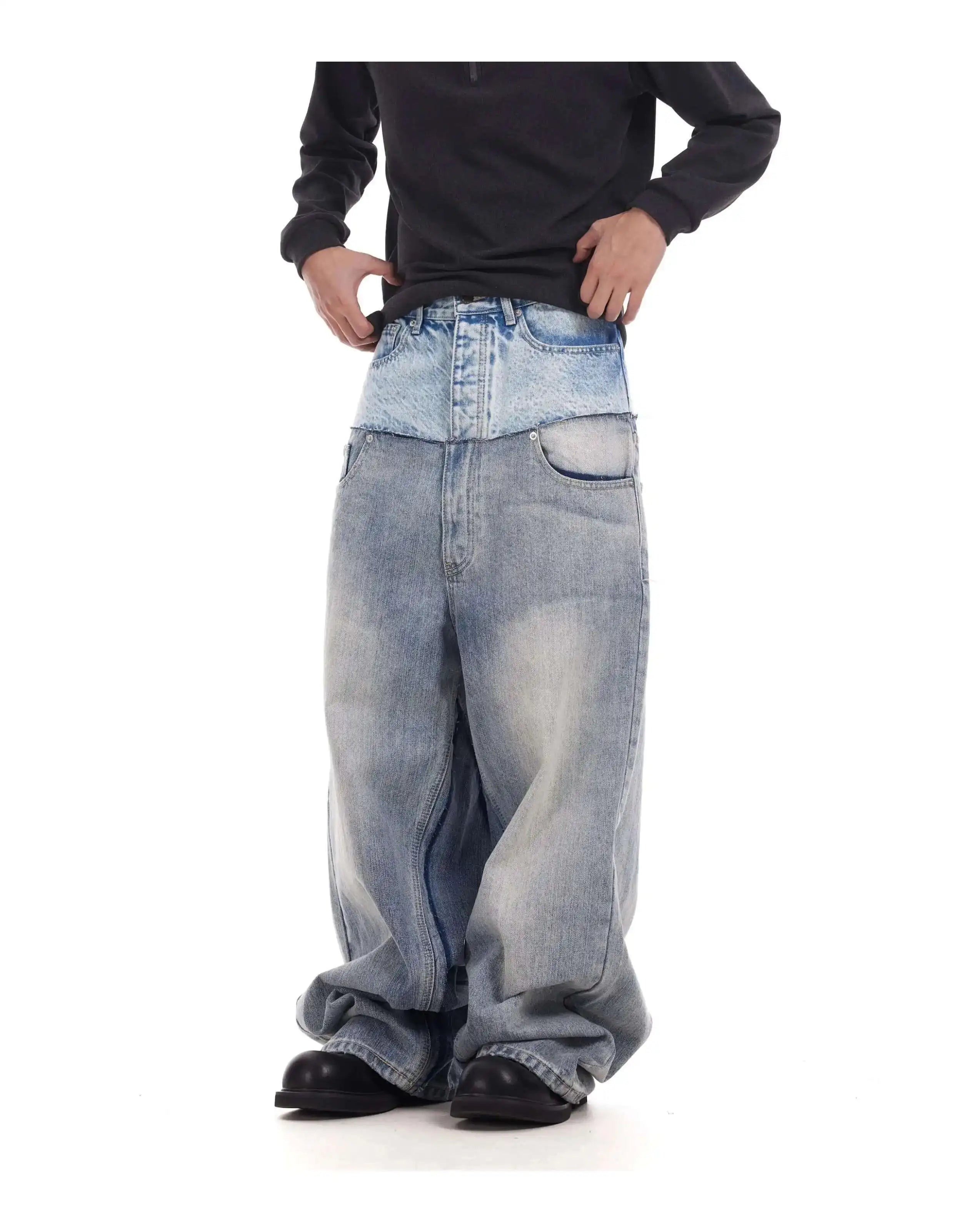 PFNW Niche Colorblock Patchwork Wide Leg Blue Jeans Men's Spring 2025 New Straight Double Waist Design Denim Trousers 28W6048