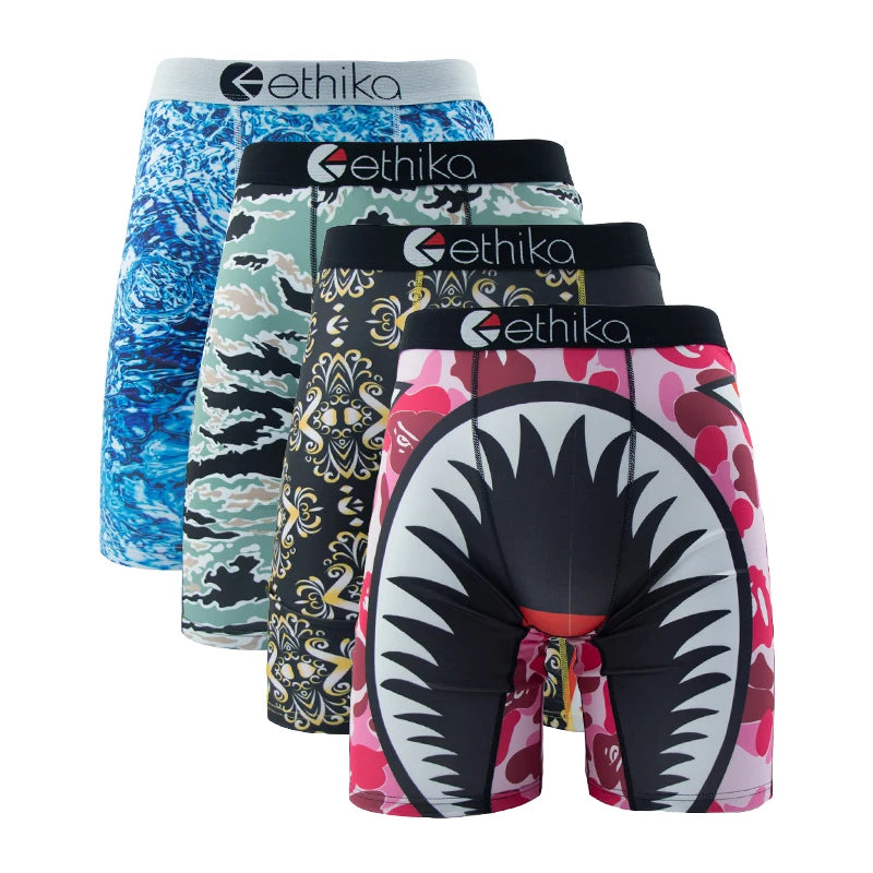 ETHIKA 4Pcs Men Underwear Boxers Breathable Swimming Man Underpants Plus Size Print Mens Panties Trunks Sexy Men's Boxer Briefs