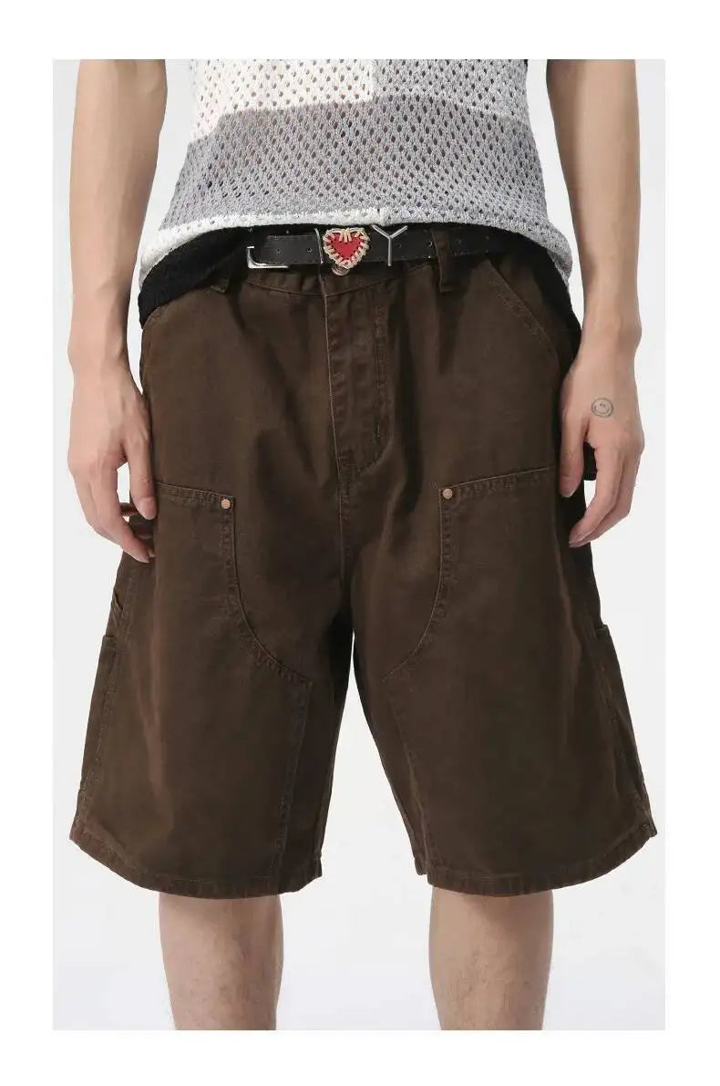 IEFB Men's Wear Knee Length Denim Shorts Summer New Multi Pocket Loose Jeans Solid Color Japanese Style Male Overalls 9C6027