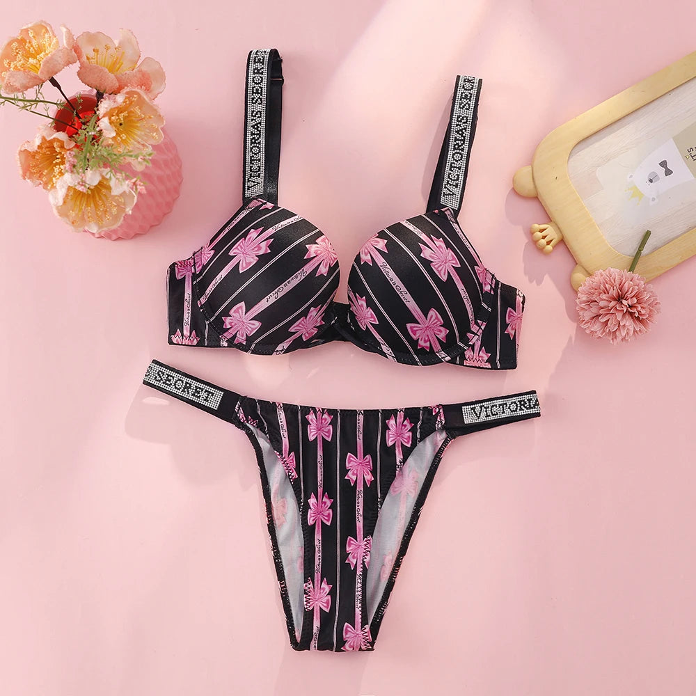 Victoria Secret Hot Sexy Lingerie Set Very Sexy Logo Shine Strap Tropical Floral Push Up Bra Shine Script Thong Panty