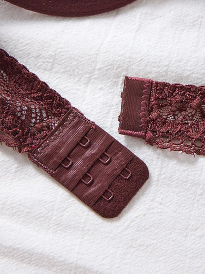 Women's Brown Lace Deep-V Bra & G-String Set