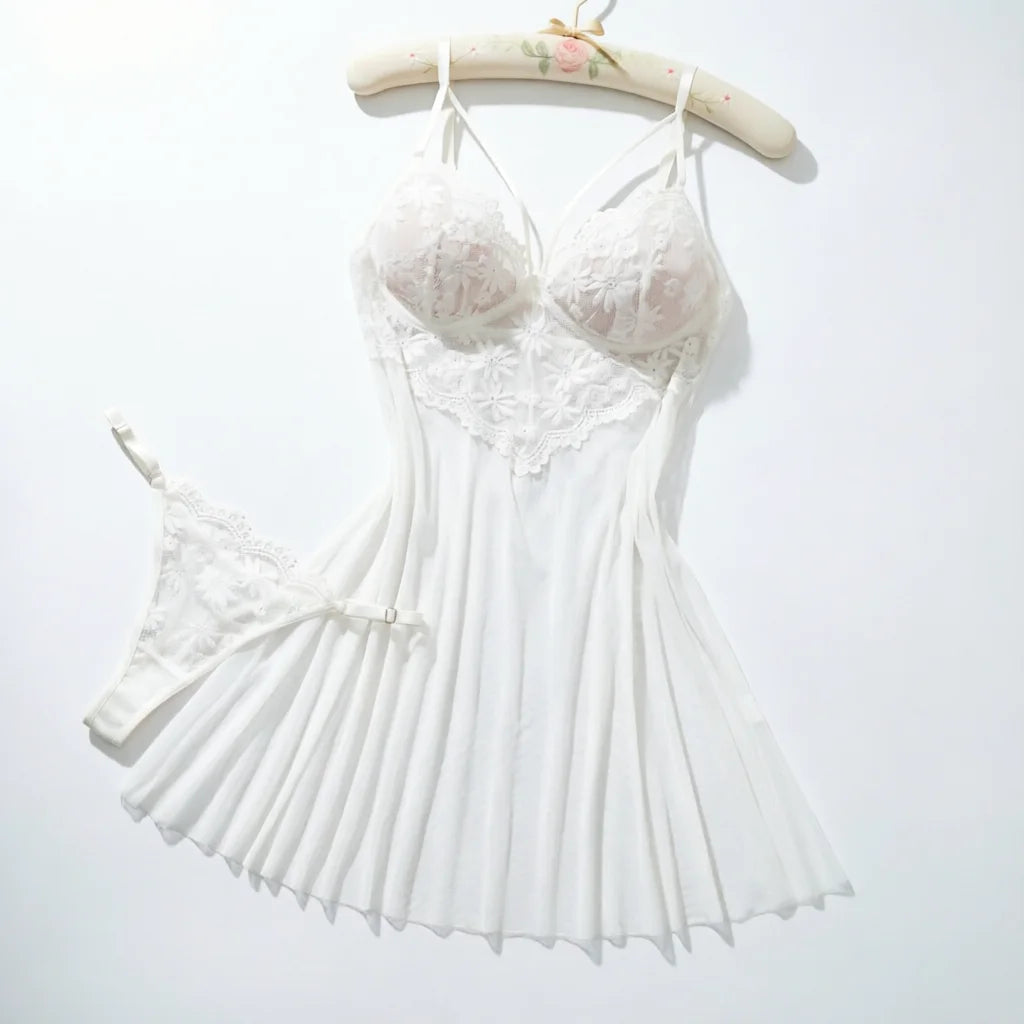 White Floral Lace Halter Nightgown