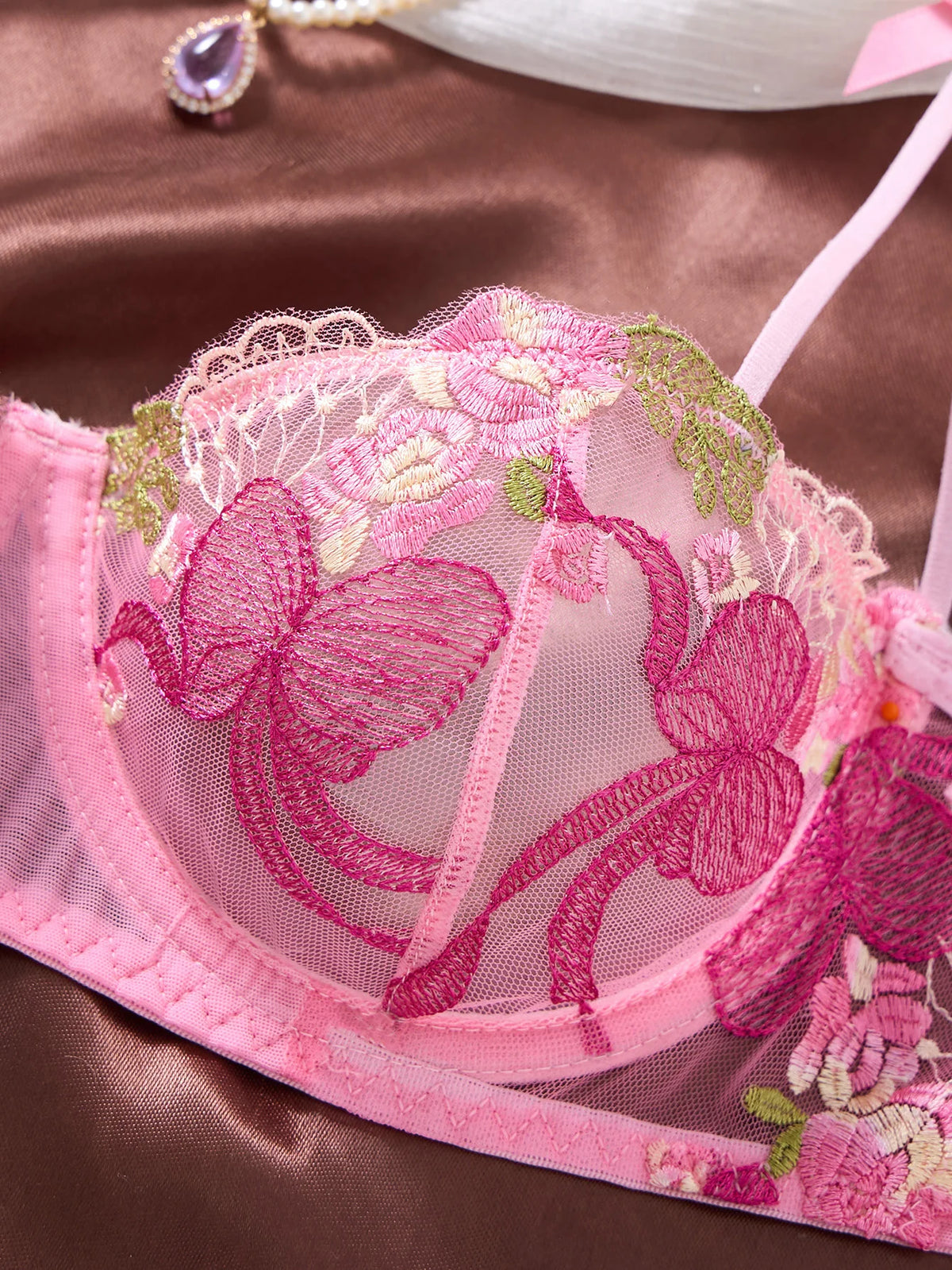 Pink Butterfly Embroidered Bra & Thong Set