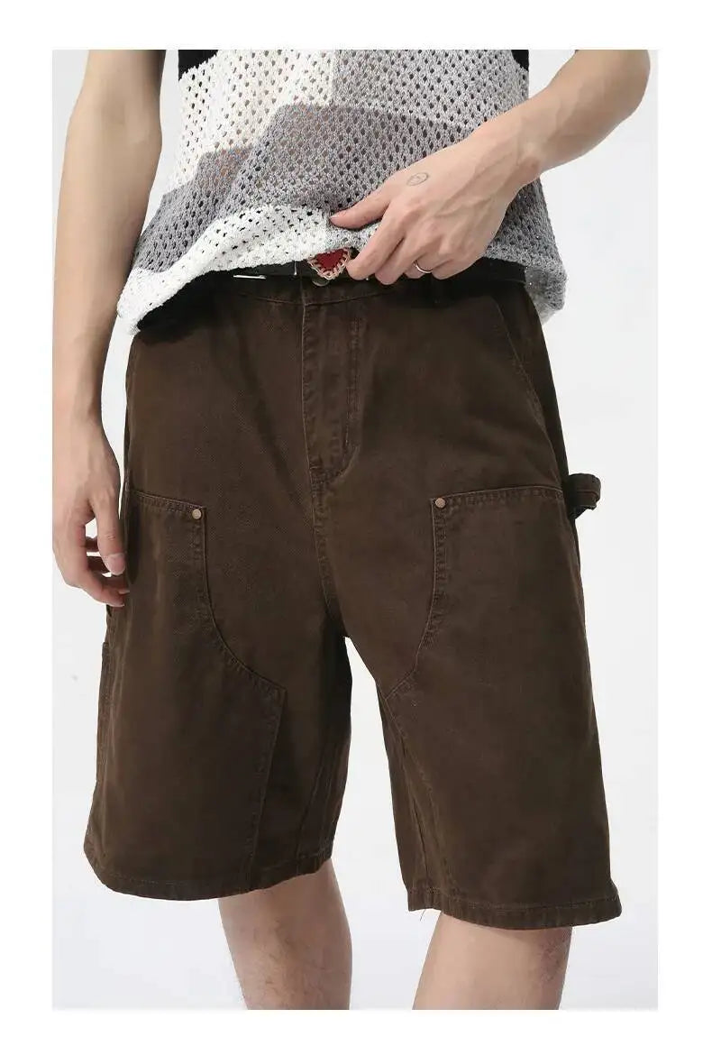 IEFB Men's Wear Knee Length Denim Shorts Summer New Multi Pocket Loose Jeans Solid Color Japanese Style Male Overalls 9C6027