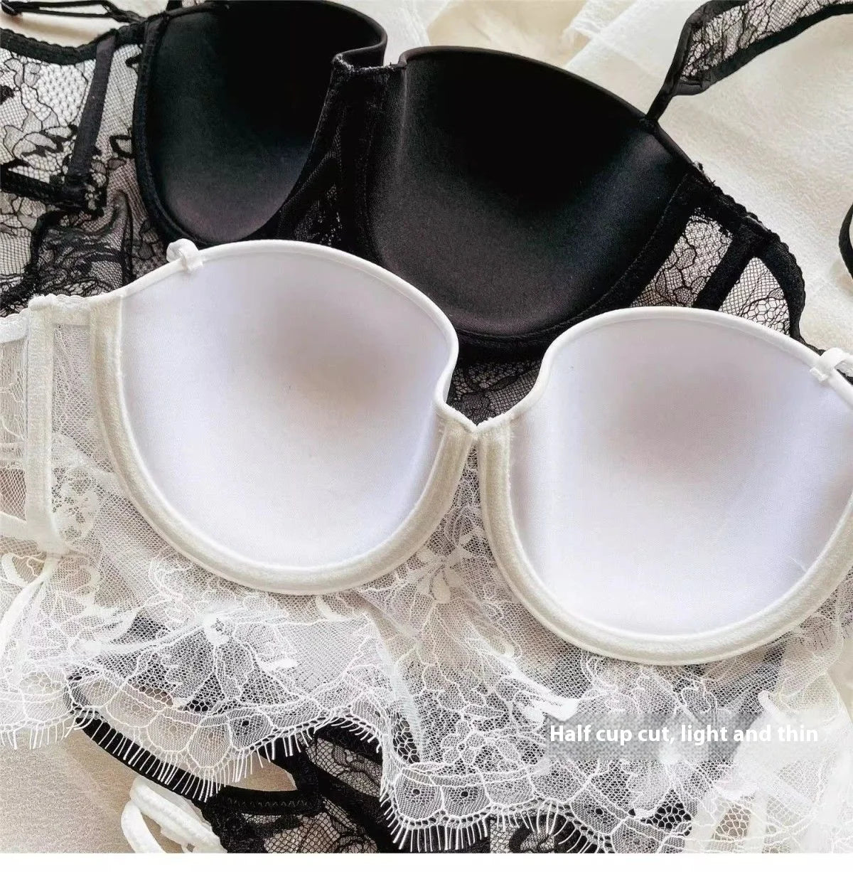 Sexy Lace Underwear Female Poly Poly Thin Soft Steel Ring up Support Anti-Sagging Collect Vice Breasts Solid Color Back Bra Set