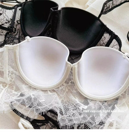 Sexy Lace Underwear Female Poly Poly Thin Soft Steel Ring up Support Anti-Sagging Collect Vice Breasts Solid Color Back Bra Set