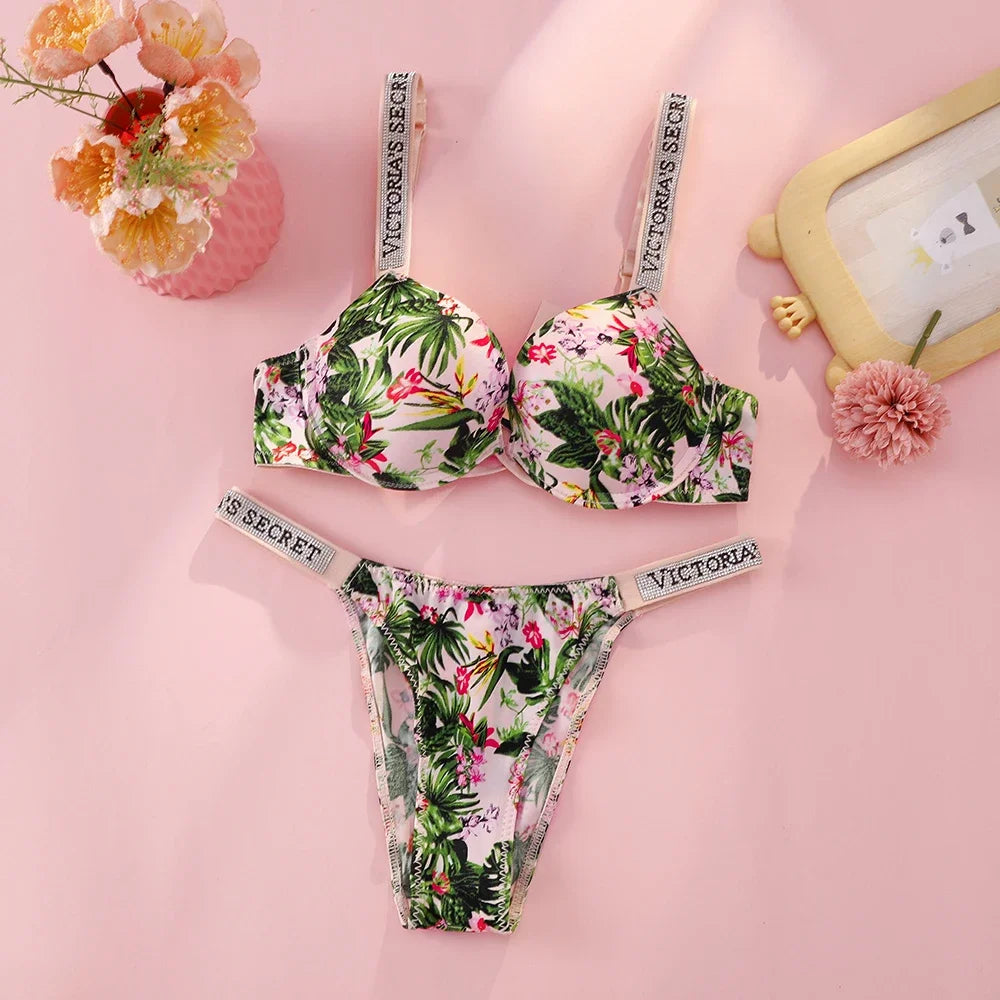 Victoria s Secret Rhinestone Logo Shoulder Straps Lace Underwear Sexy Lingerie Set Push Up Bra And Panties Set For Women