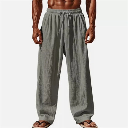 Men's Casual Pants Daily Wear Solid Summer Full Length Soft Linen Pants Mid Waist Pocket Drawstring Trousers Streetwear Bottoms