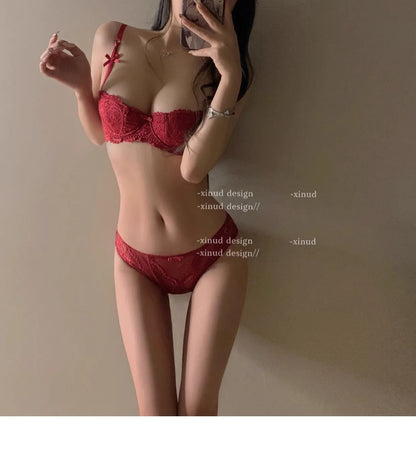 Lace Half Cup Underwear Set Summer Small Chest Gathering Soft Steel Hoop Top Support Anti Sagging Bra Underwear Two Piece Set