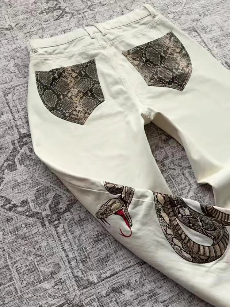 Streetwear Retro Snake Jeans Boa Embroidery Graphic Python Print Pocket Denim Pants Y2K Trend Unisex Baggy Straight Leg Pants
