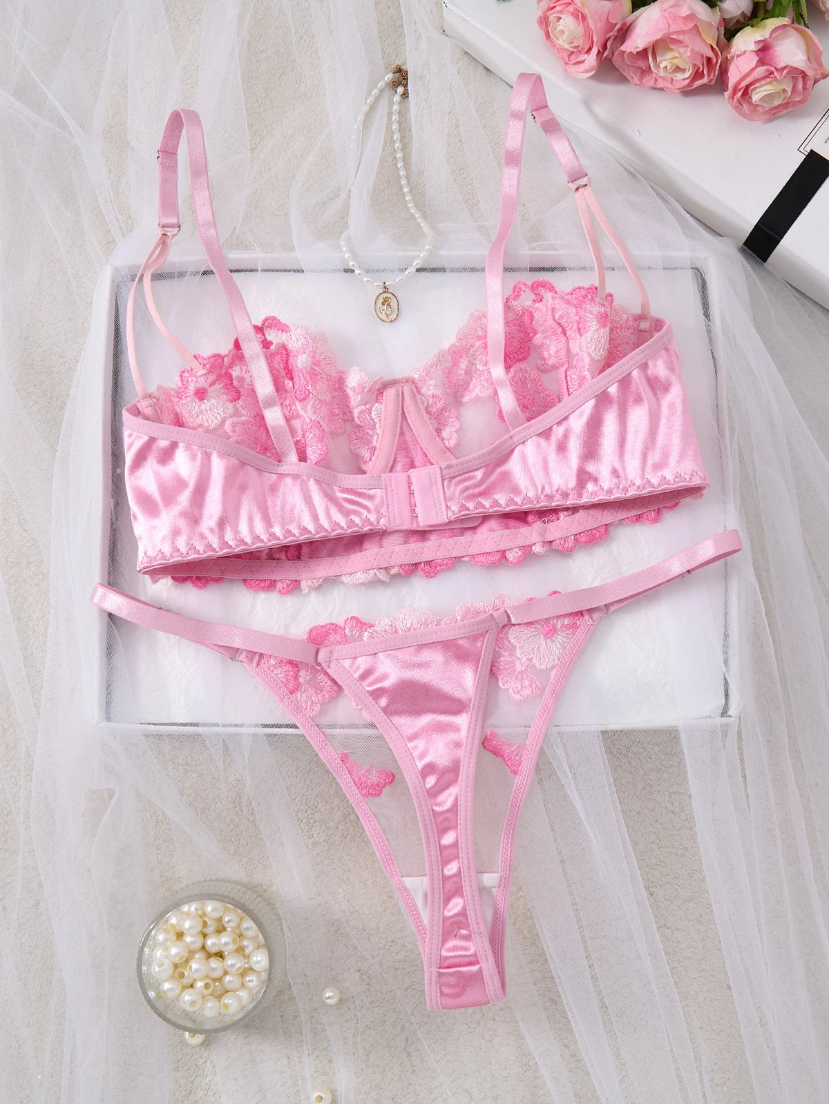 Pink Floral Embroidered Lace Bra & Thong Set