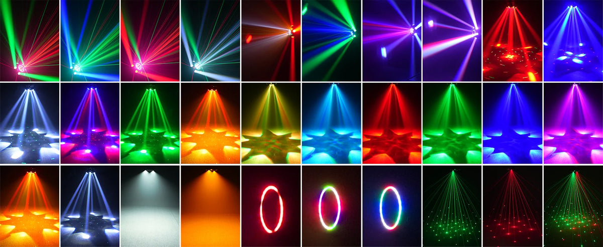 Fieryzeal 150W 6-Arm RGBW Beam Moving Head Light with Strip Effect Stage Light DMX512 Honeycomb Beam Strobe Effect for DJ Party