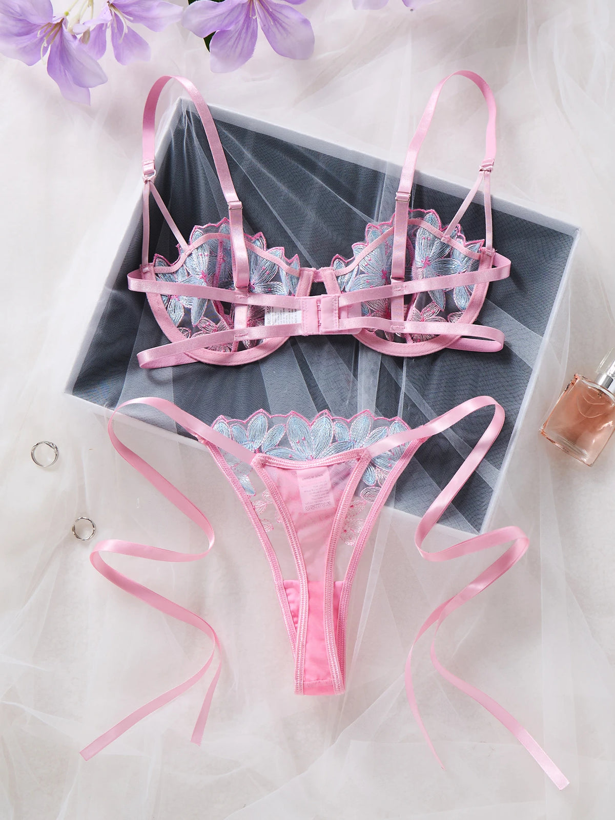 Pink & Blue Floral Embroidered Bra & Thong Set