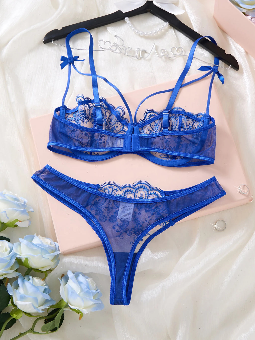 Royal Blue Floral Lace Bra & Thong Set