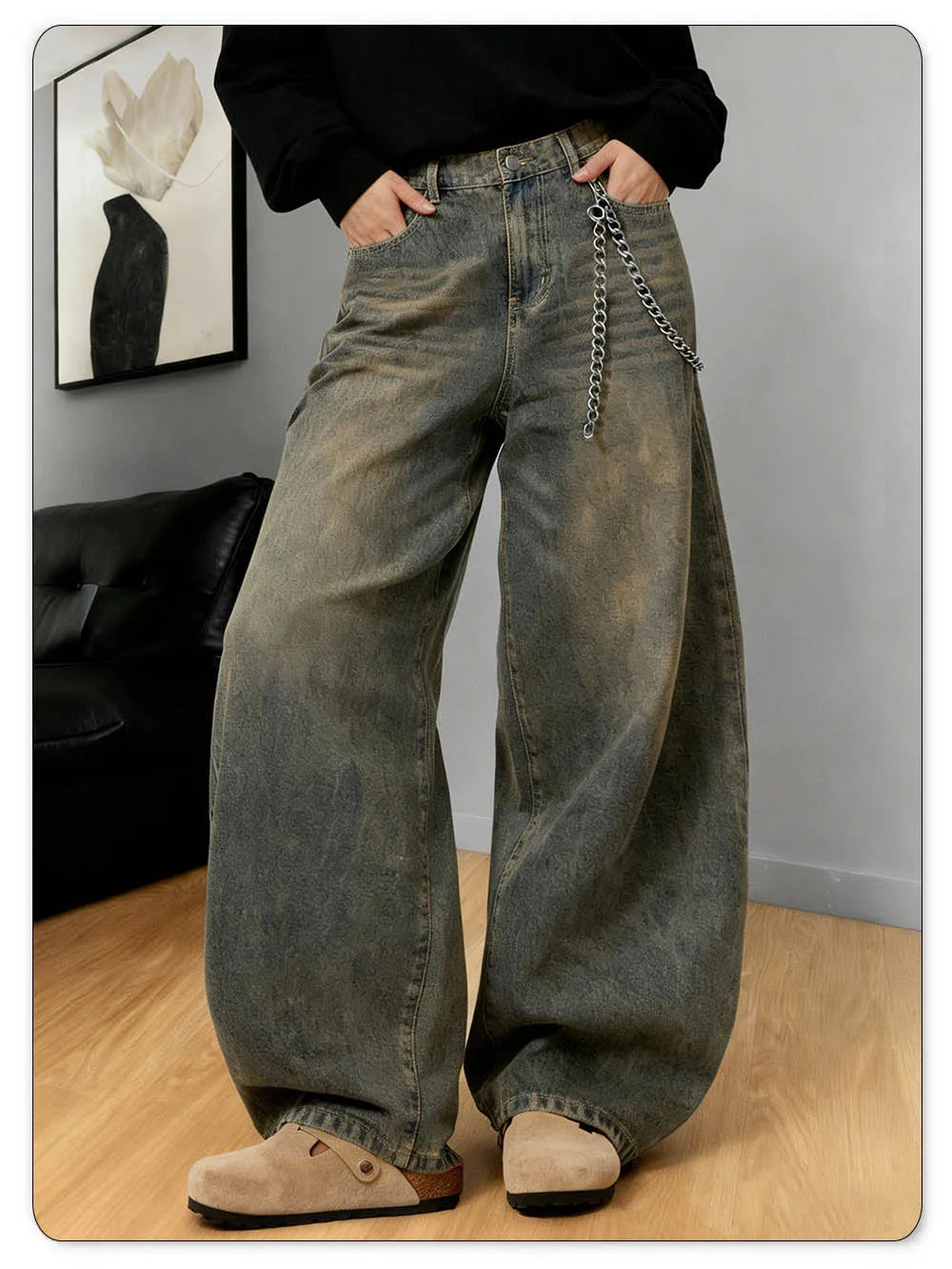 LIYS American Retro Baggy Wide Leg Jeans Men's Streetwear Distressed Y2K Clothing Casual Daily Four Seasons Denim Pants Unisex