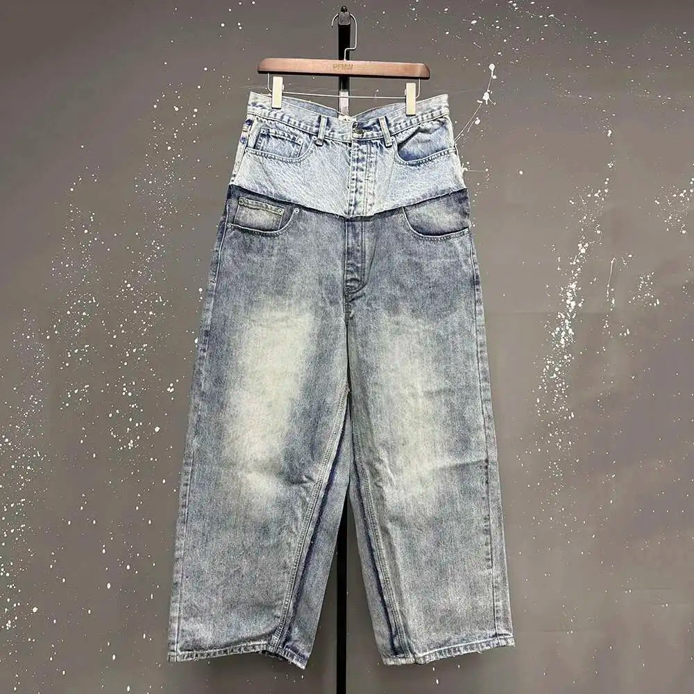 PFNW Niche Colorblock Patchwork Wide Leg Blue Jeans Men's Spring 2025 New Straight Double Waist Design Denim Trousers 28W6048