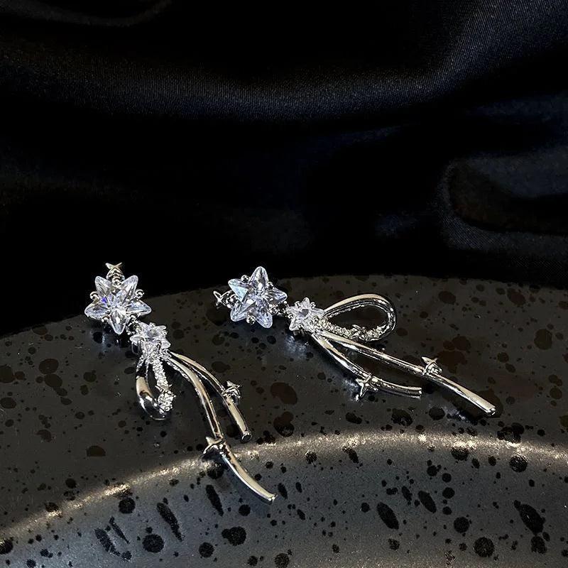 Y2K Zircon Star Bow Drop Earrings for Women Elegant Crystal Sparkling Star Tassel Stud Earring 2025 New Earrings Egirl Jewelry