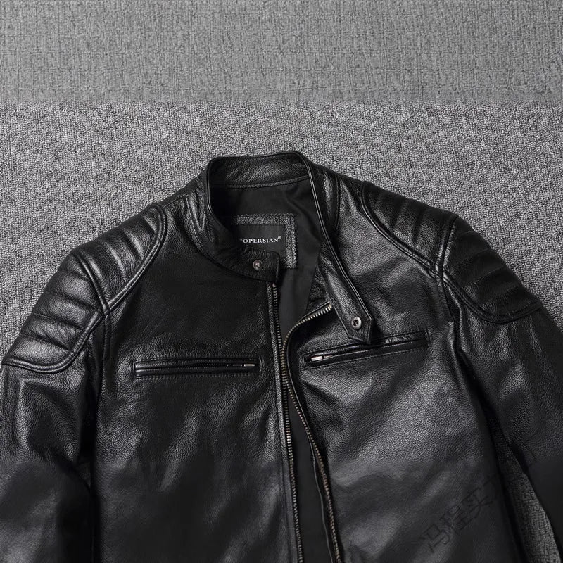 KIDWHXR Autumn Men Leather Jacket Motorcycle Retro Stand Collar Zipper Male Coat Slim Long Sleeve Windproof Man Casual Outerwear