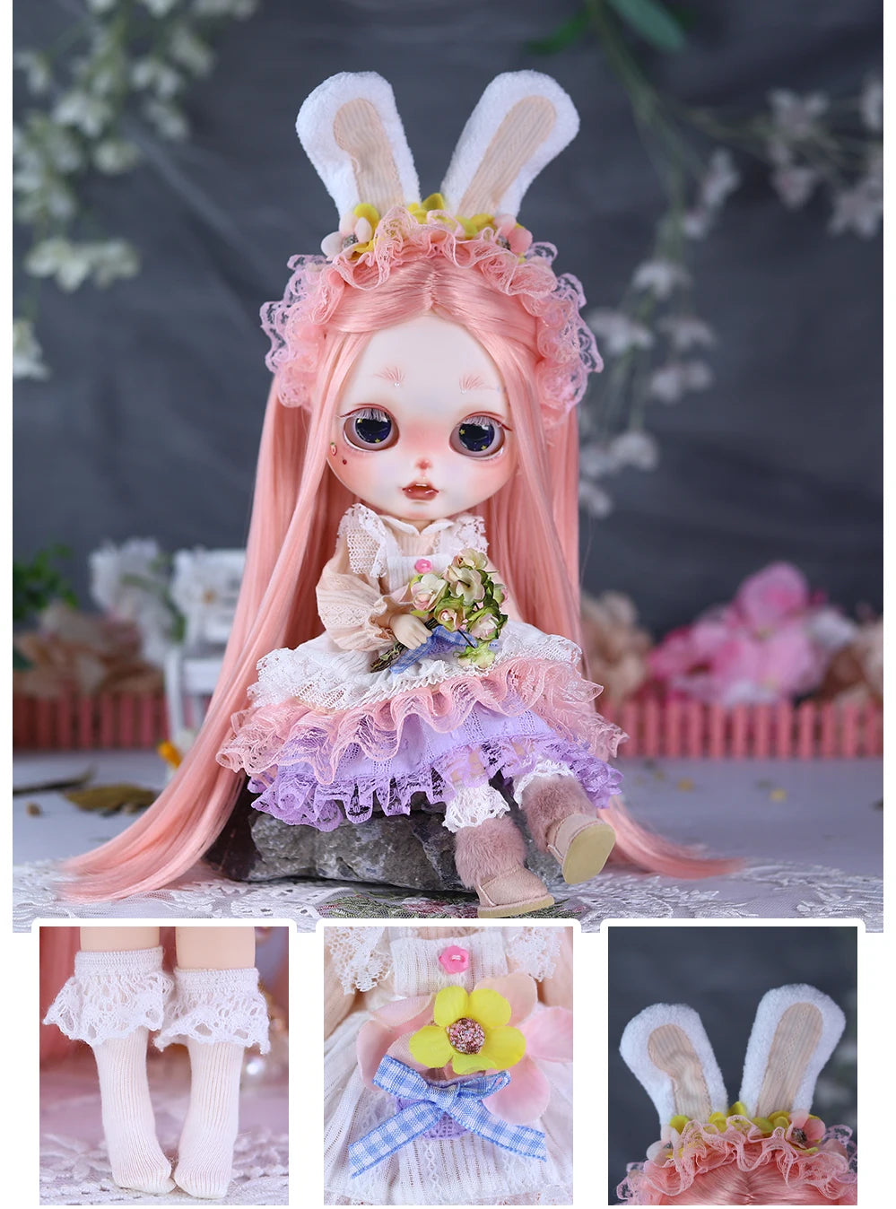 ICY DBS Blyth 1/6 Doll Hand Painted Set Cute Bunny Frosted Face Doll Set SD