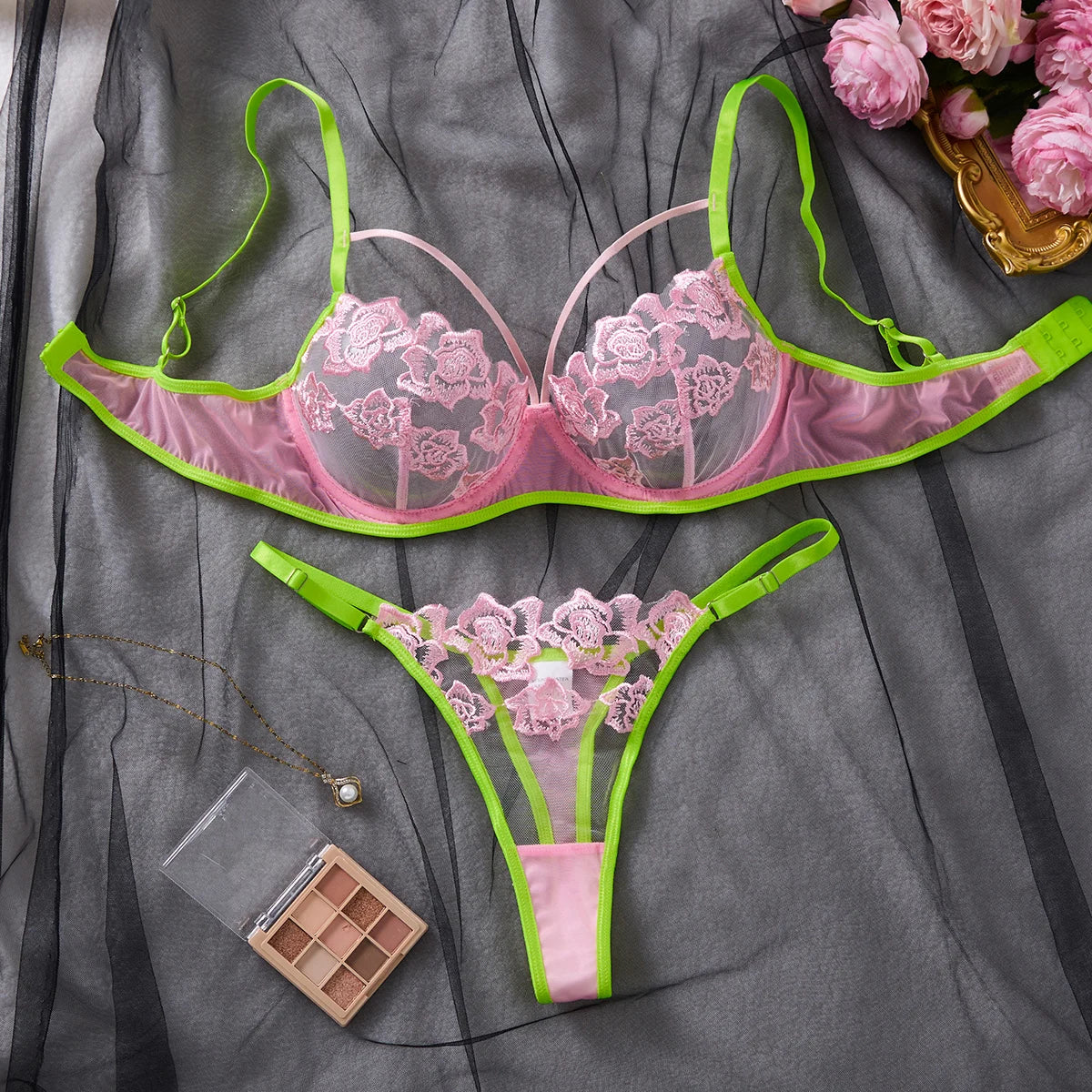 Rose Embroidered Underwire Lingerie Set