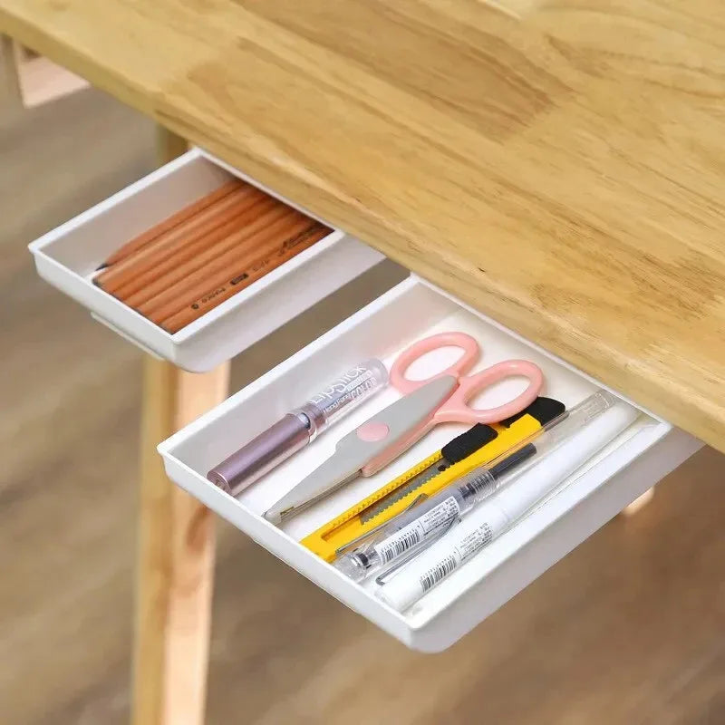 White SelfAdhesive Storage Drawer Box Makeup Pencil Tray Desk Hidden Under Desk Stand Self-adhesive Under-drawer Storage Box YH