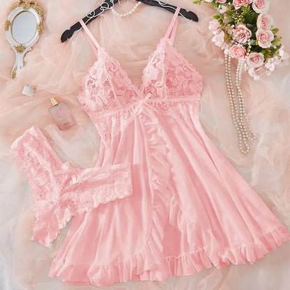 Summer Hot Sexy Sleepwear Dress Sleeveless Backless Women Lace Sheer Nightdress Solid Color Soft Pajamas Short V-neck Thong Set