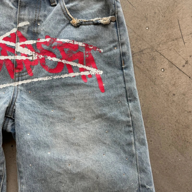Y2K Graffiti Rhinestone Baggy Jorts