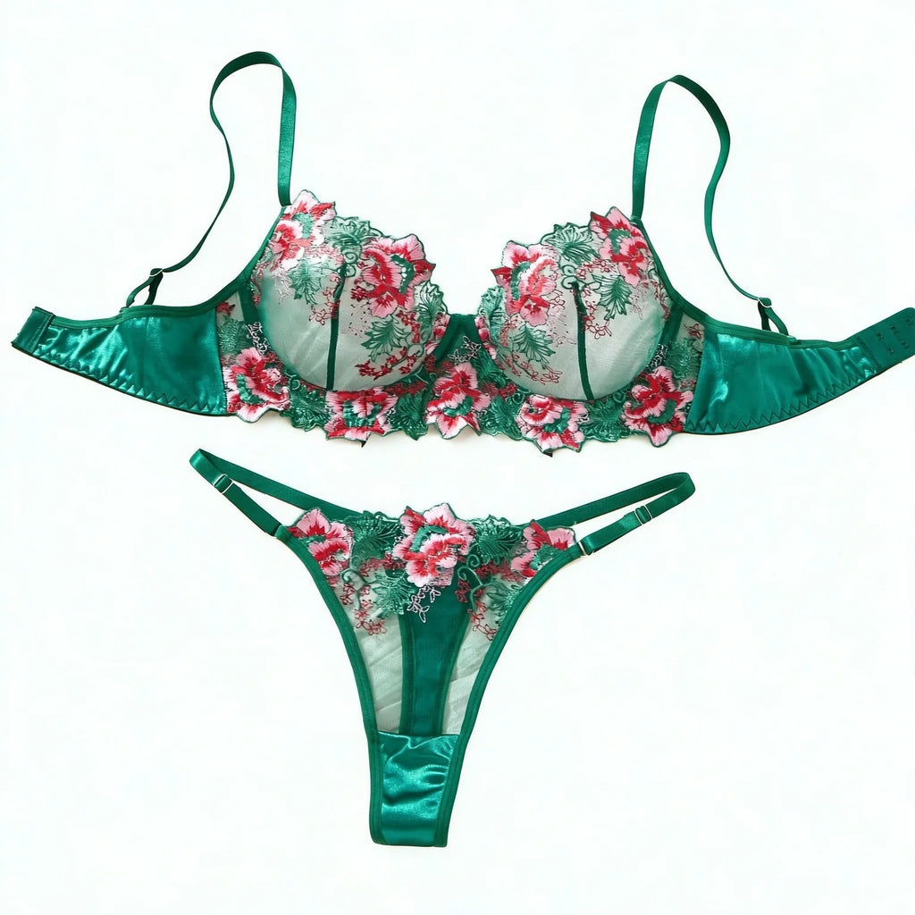Green Floral Embroidered Satin Bra & Thong Set