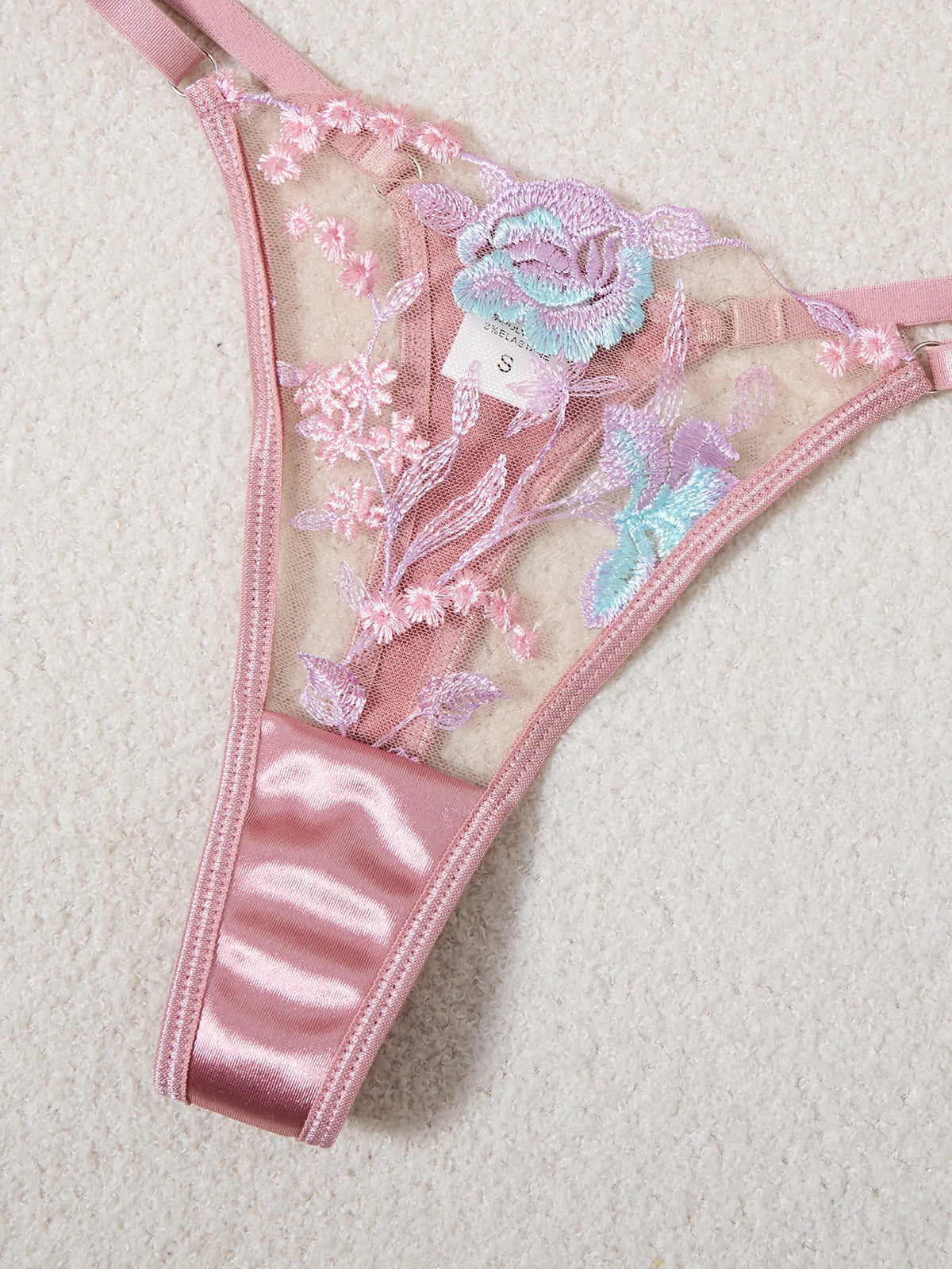 Women's Pink Satin Embroidered 3-Piece Lingerie Set