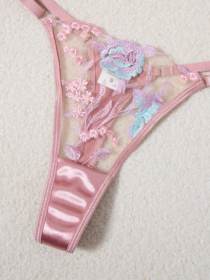 Women's Pink Satin Embroidered 3-Piece Lingerie Set